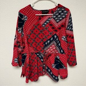 Lane Bryant Red 3/4 Sleeve V Neck Bandana Print Drawstring Waist Top SZ 18/20